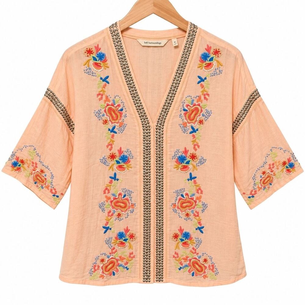 Soft Surroundings Tunic Top Womens PM Peach Embroidered Beaded Boho Festival NWT